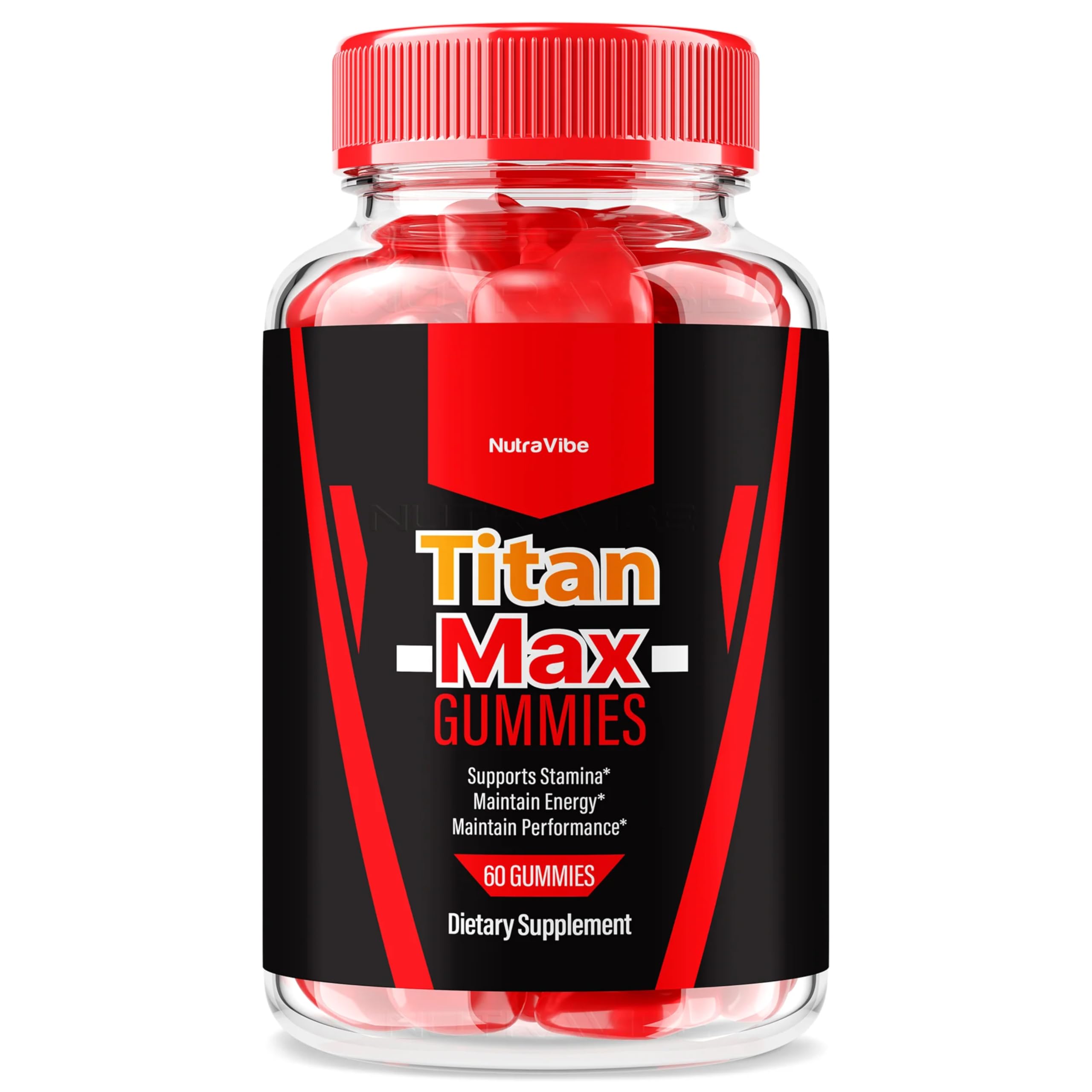 NutraVibe Titan Max gummies bottle shows convenient daily energy support and tasty supplement experience.