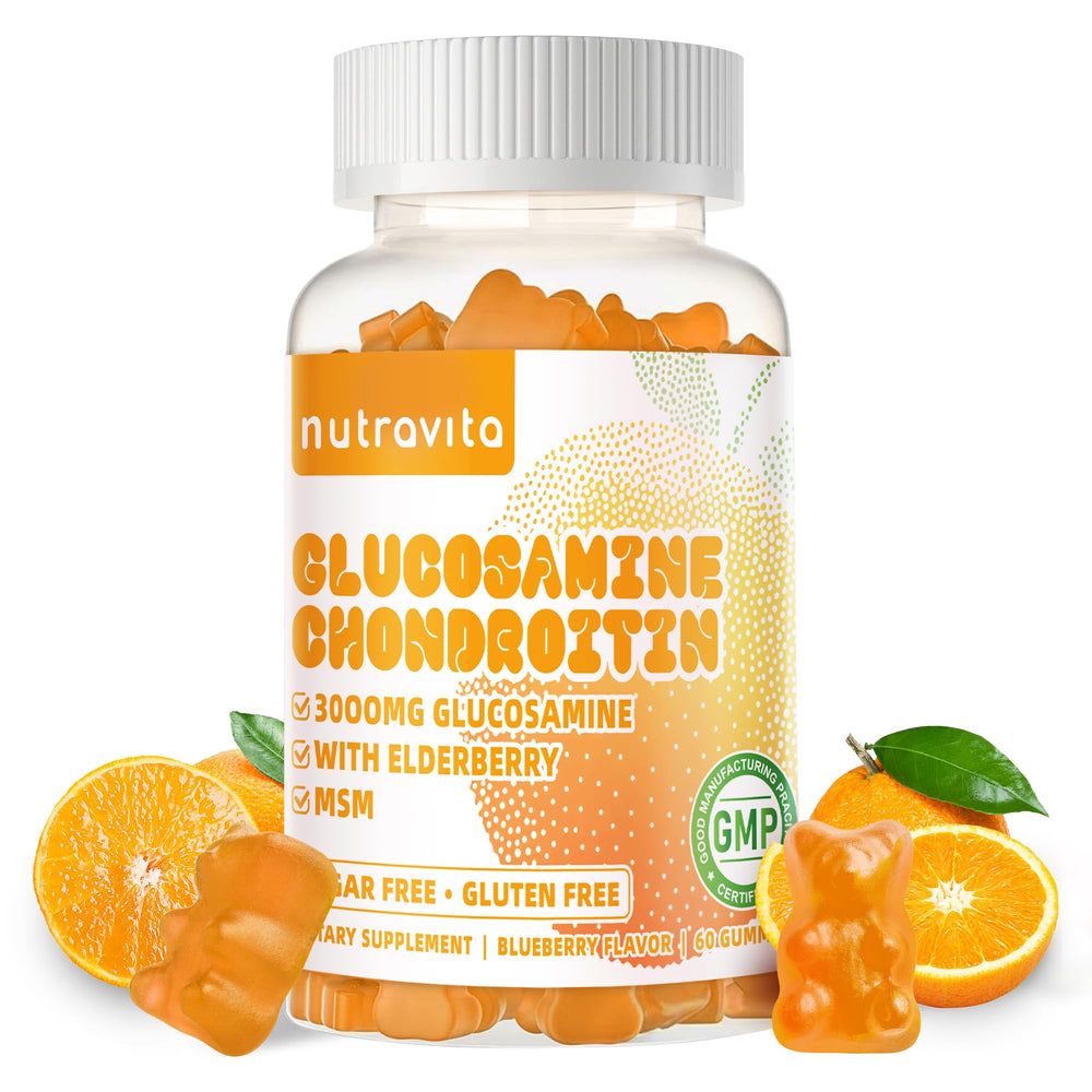 Bottle of Nutravita Glucosamine Chondroitin Gummies with MSM & Elderberry - 60 orange chews