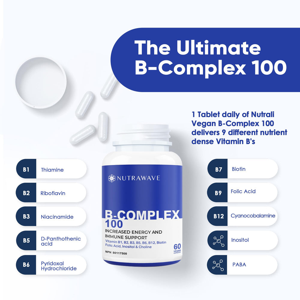 Capsules of Nutrawave Vitamin B Complex for hair, skin and energy