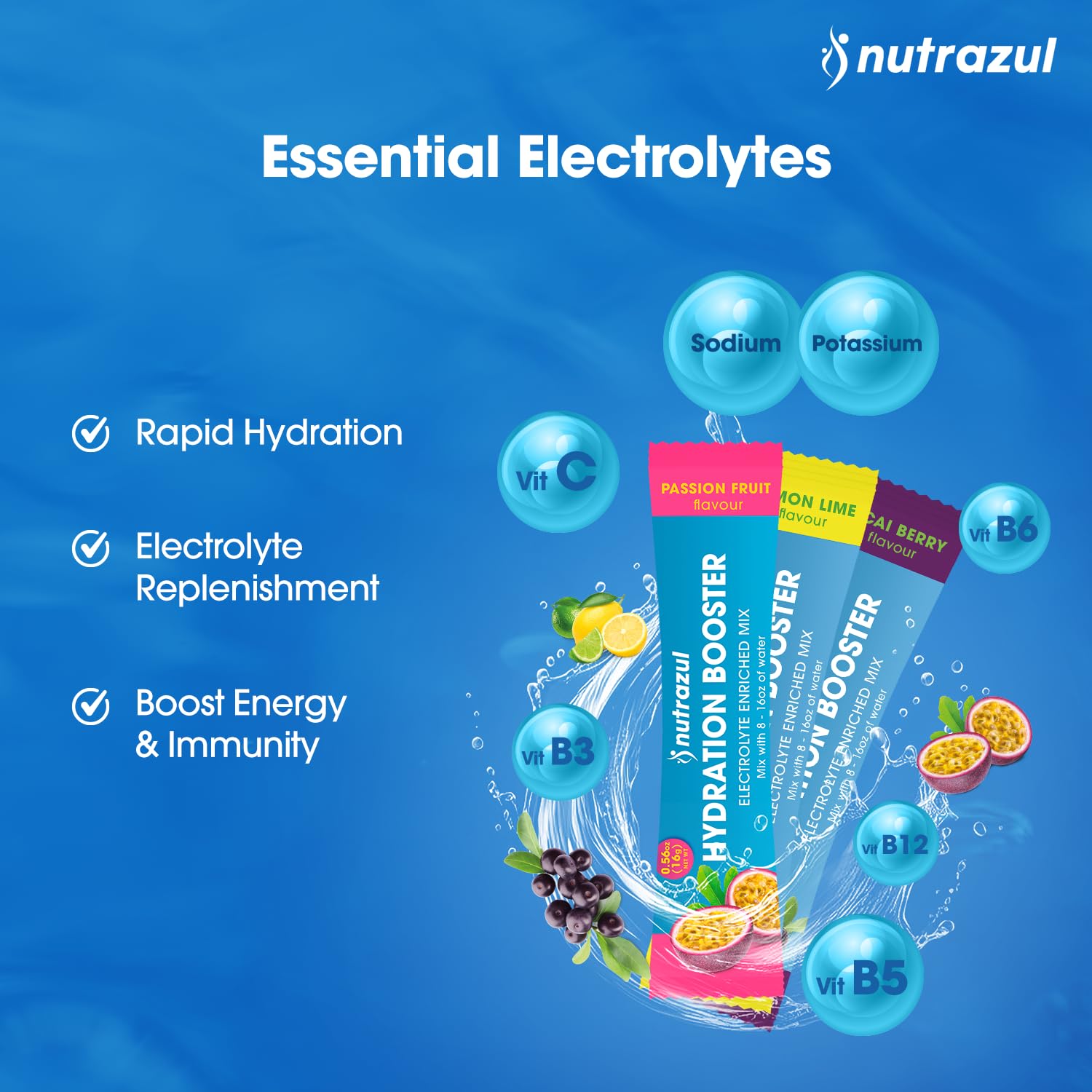 Nutrazul Hydration Booster 3-flavor pack highlighting variety and portability.