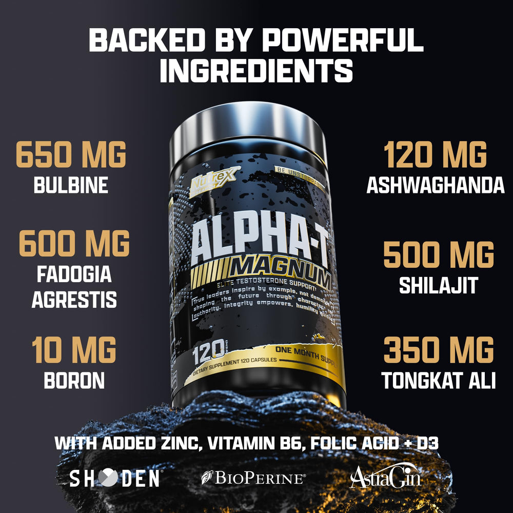 Nutrex Alpha-T Magnum jar label emphasizing potency and ingredient clarity