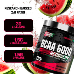 Close-up of Nutrex BCAA Powder 6000 nutrition facts