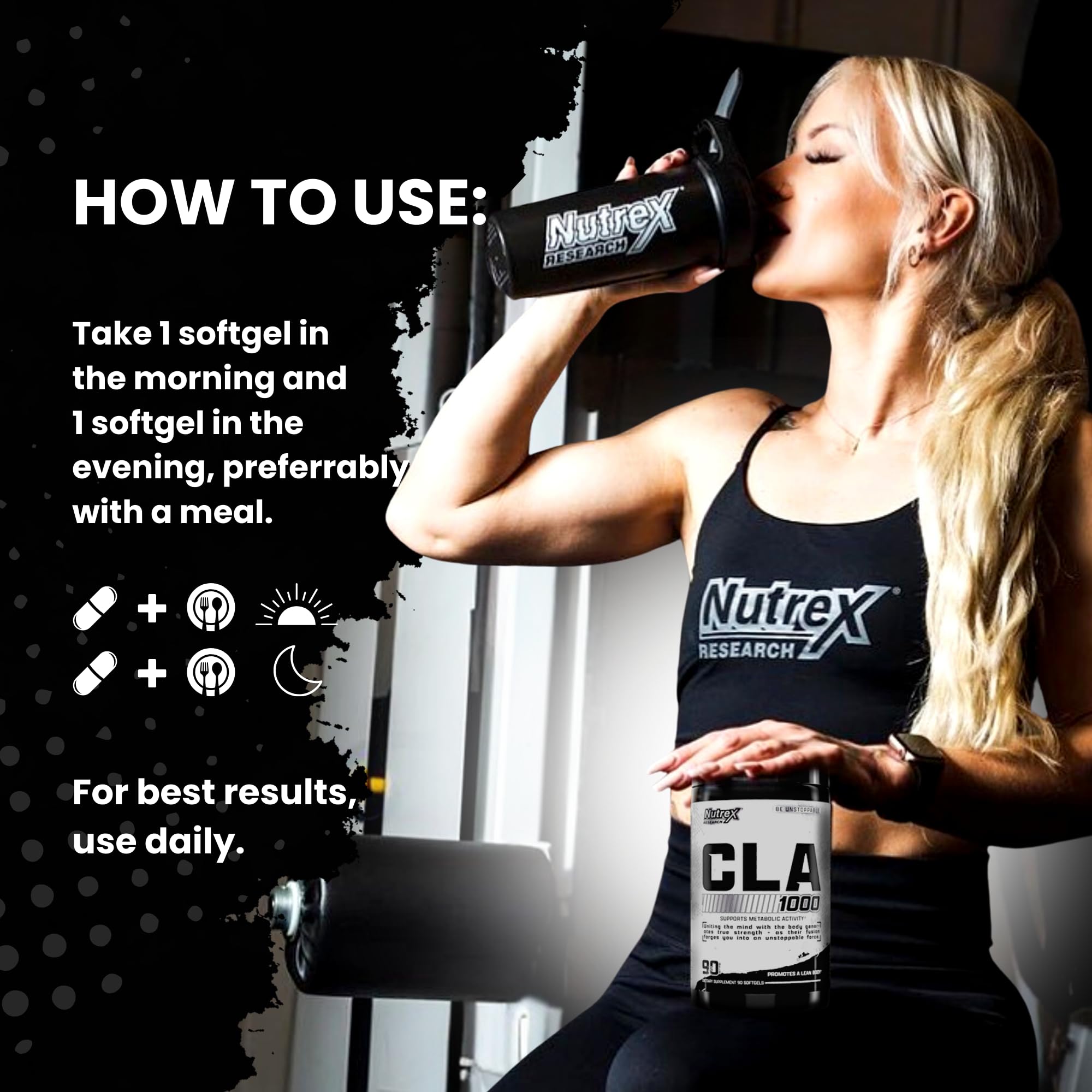 Nutrex CLA bottle with pills on white background