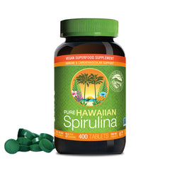 Front view of Nutrex Hawaii Pure Hawaiian Spirulina 500 mg bottle with 400 tablets
