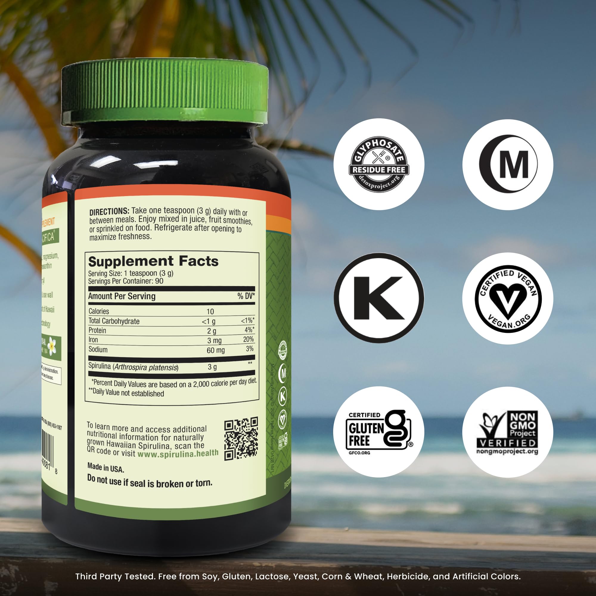 Close-up of spirulina powder label