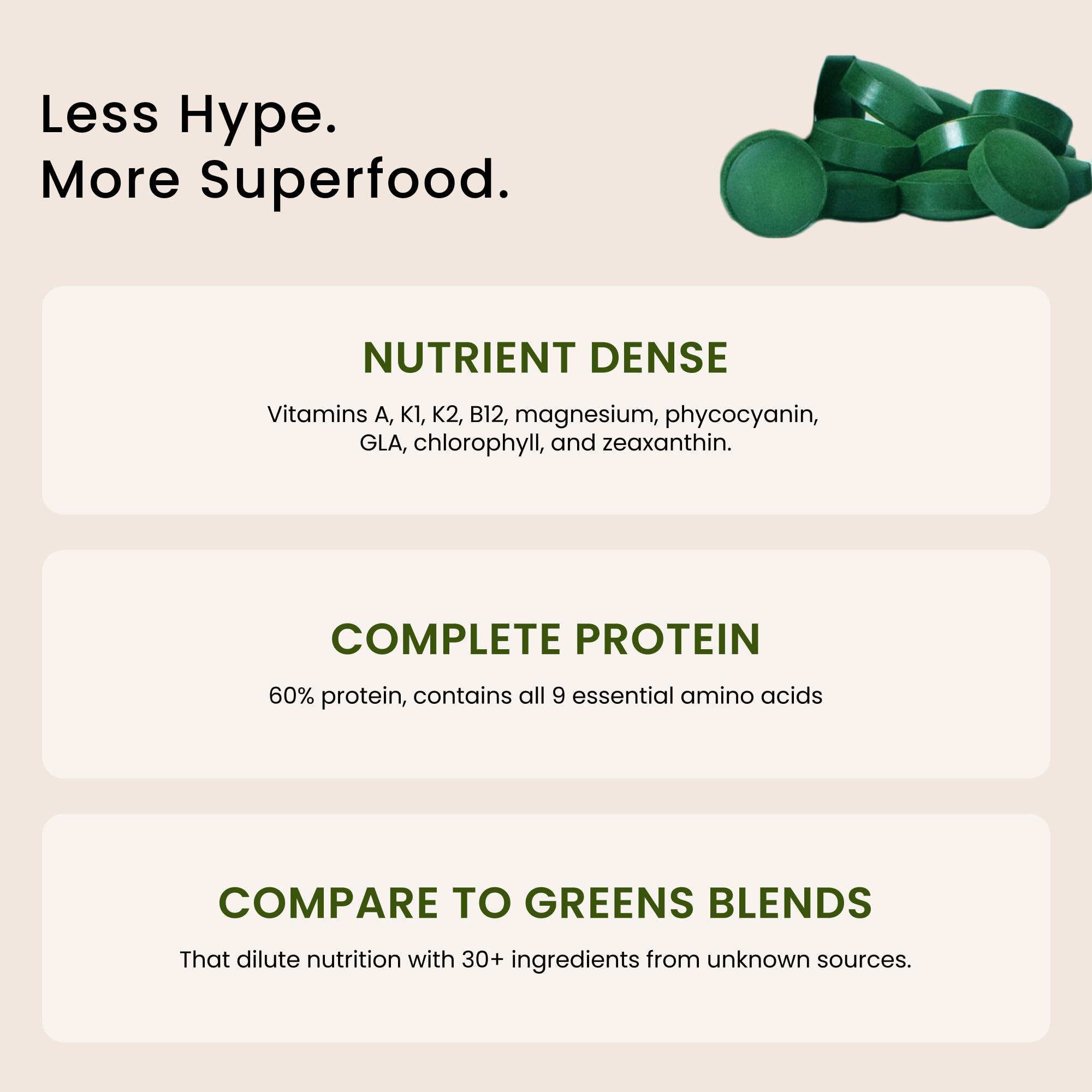 Close-up of spirulina tablets