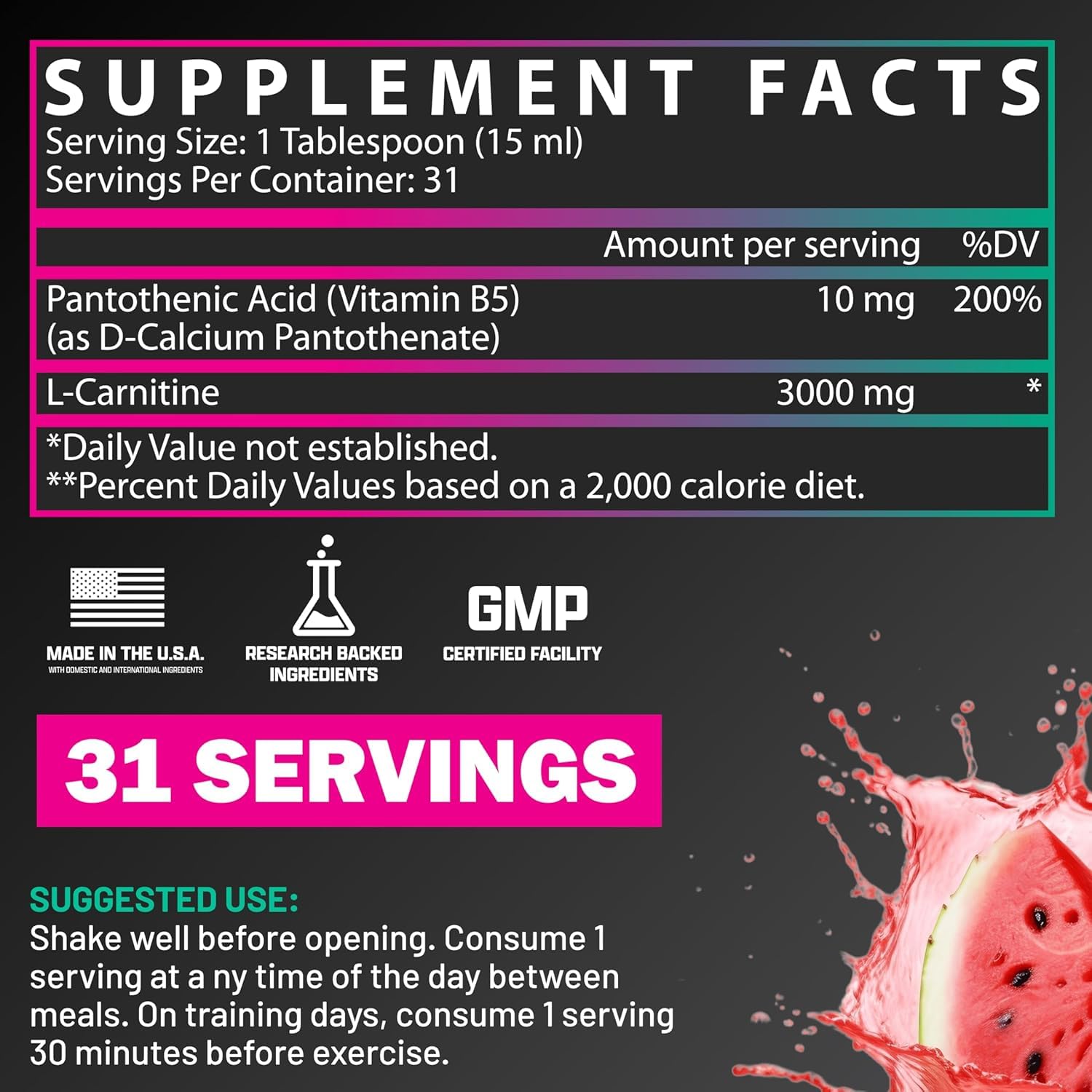 Liquid Carnitine 3000 bottle side view – Strawberry Watermelon