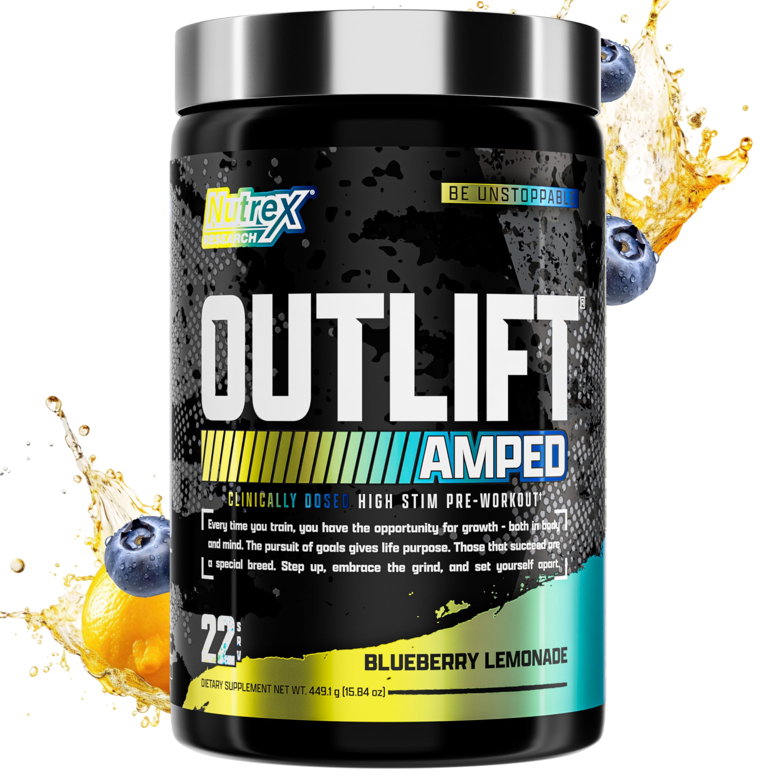 Nutrex OUTLIFT Amped bottle in Blueberry Lemonade flavor boosts energy and focus during workouts.