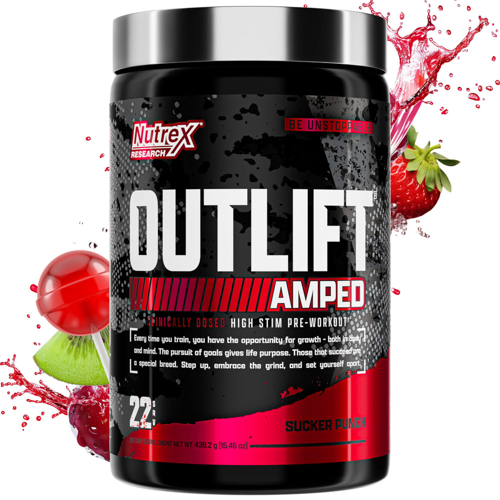 Nutrex Research OUTLIFT Amped powder tub close-up for intense training energy and focus