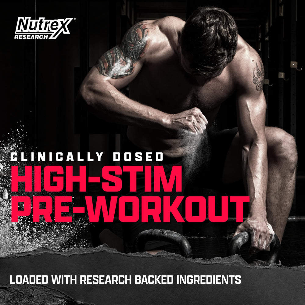 Nutrex OUTLIFT Amped scoop beside label highlights max-dosed ingredients for pumps