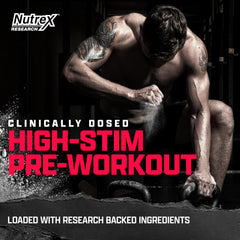 Nutrex OUTLIFT Amped scoop beside label highlights max-dosed ingredients for pumps