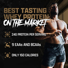 Nutrex Research Chocolate Whey Protein scoop focused on 24g lean protein per serving