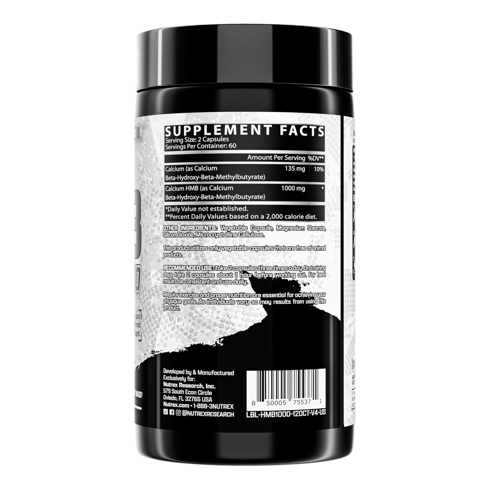 Nutrex Research HMB 1000mg capsules close-up for lean muscle support.
