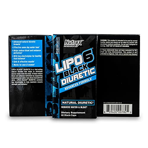 Nutrex Research Lipo 6 Black Diuretic ingredient panel shows magnesium and potassium for hydration.