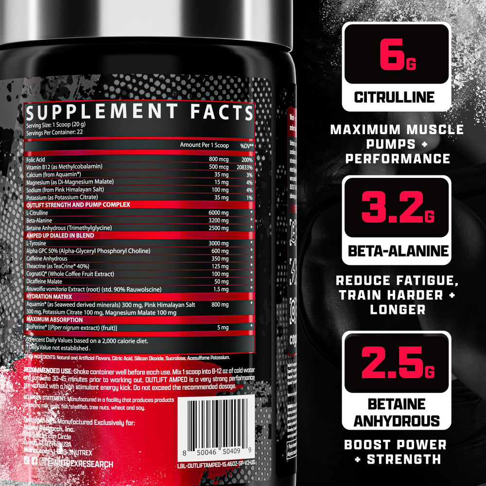 Nutrex Research OUTLIFT Amped canister on gym bench during warm-up