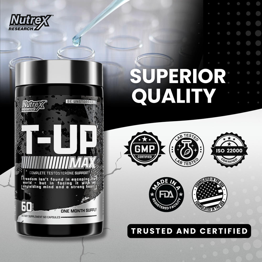 Nutrex Research T-UP at gym setup; promotes sustained energy through challenging workouts.
