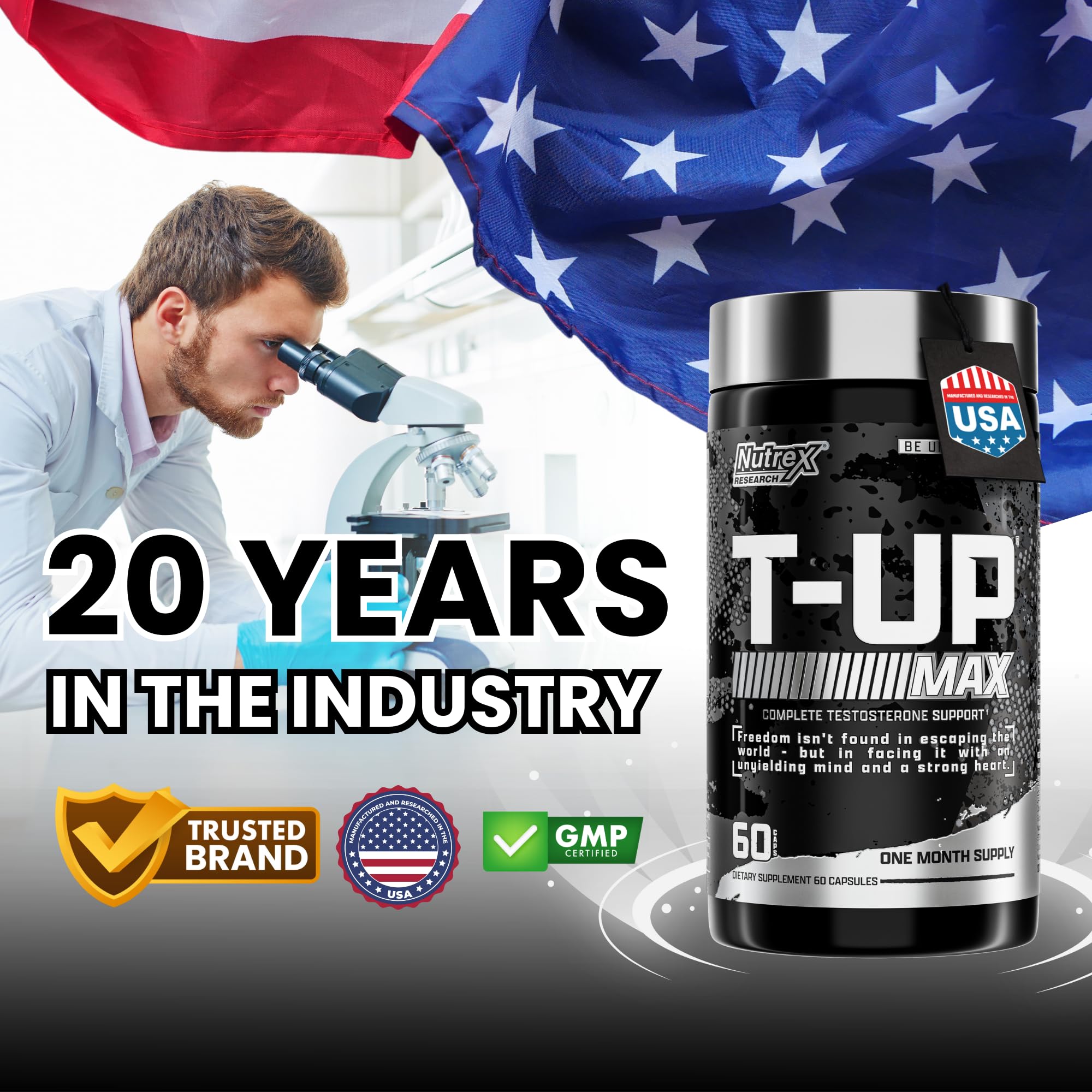 Nutrex Research T-UP label details; science-backed quality for safe athletic support.