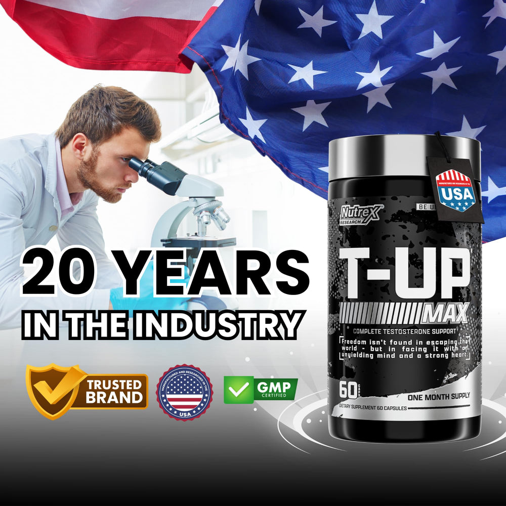 Nutrex Research T-UP label details; science-backed quality for safe athletic support.
