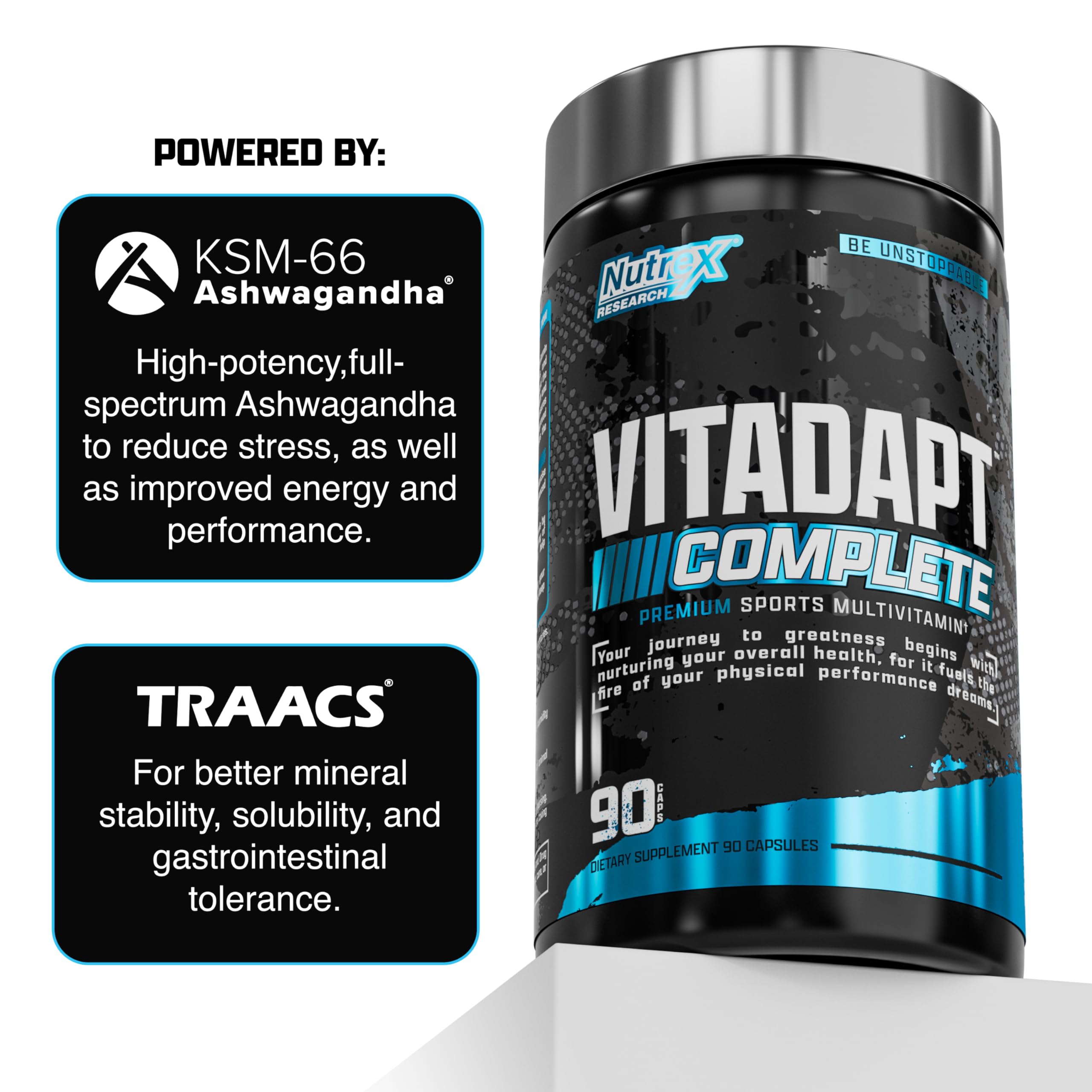 Vitadapt bottle placed on gym bench with weights