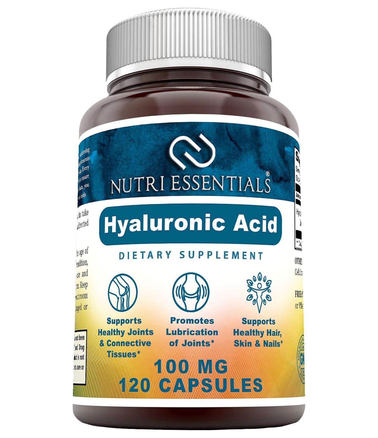 Bottle of Nutri Essentials Hyaluronic Acid 100 mg capsules
