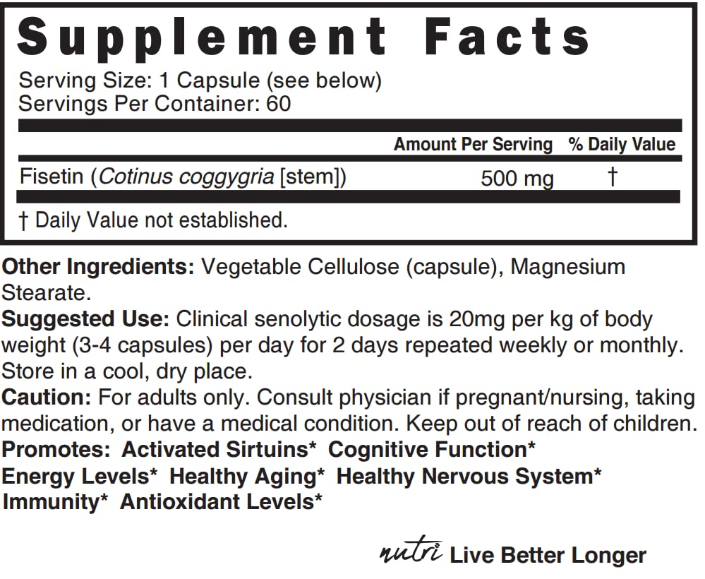 Nature's Fusions Nutri Fisetin bottle back with supplement facts
