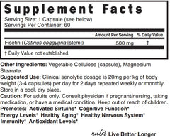 Nature's Fusions Nutri Fisetin bottle back with supplement facts