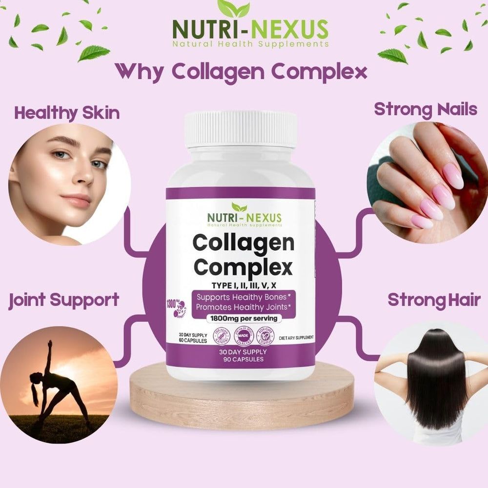 Bottle with capsules representing collagen types I-V-X