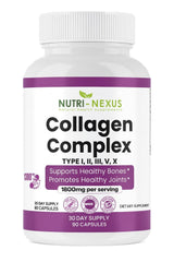Front view of NUTRI-NEXUS Multi Collagen Peptides bottle showing types I-V-X