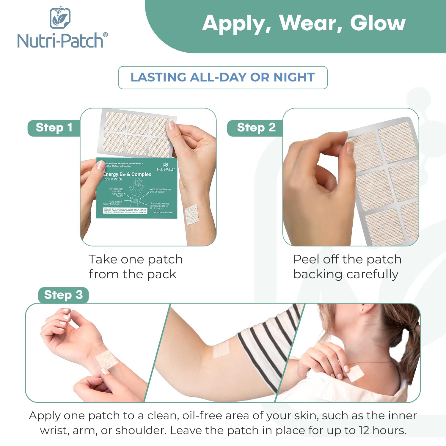 NUTRI-PATCH patch applied on arm demonstrating discreet wearable convenience