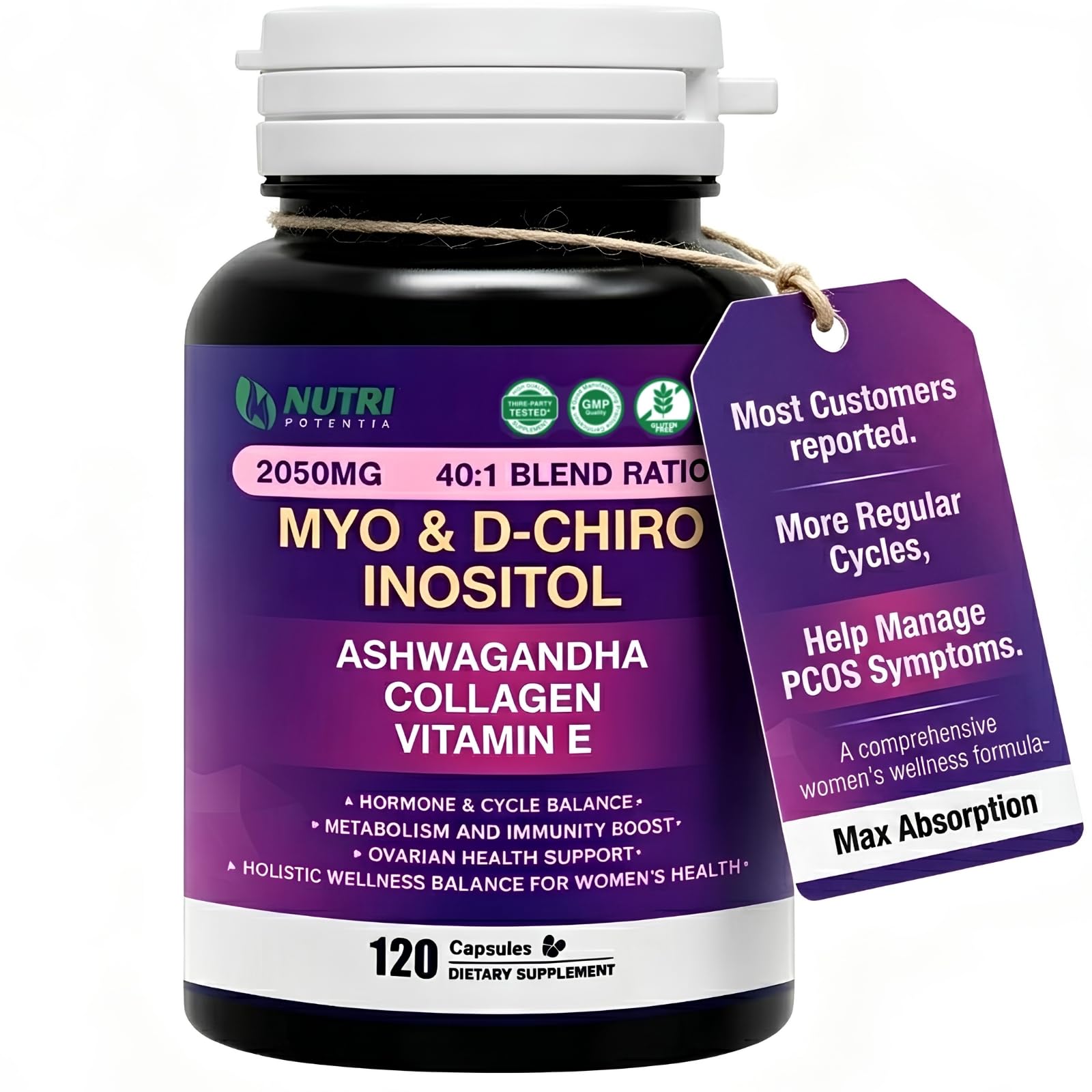 NUTRI POTENTIA bottle beside common objects showing size and capsule count
