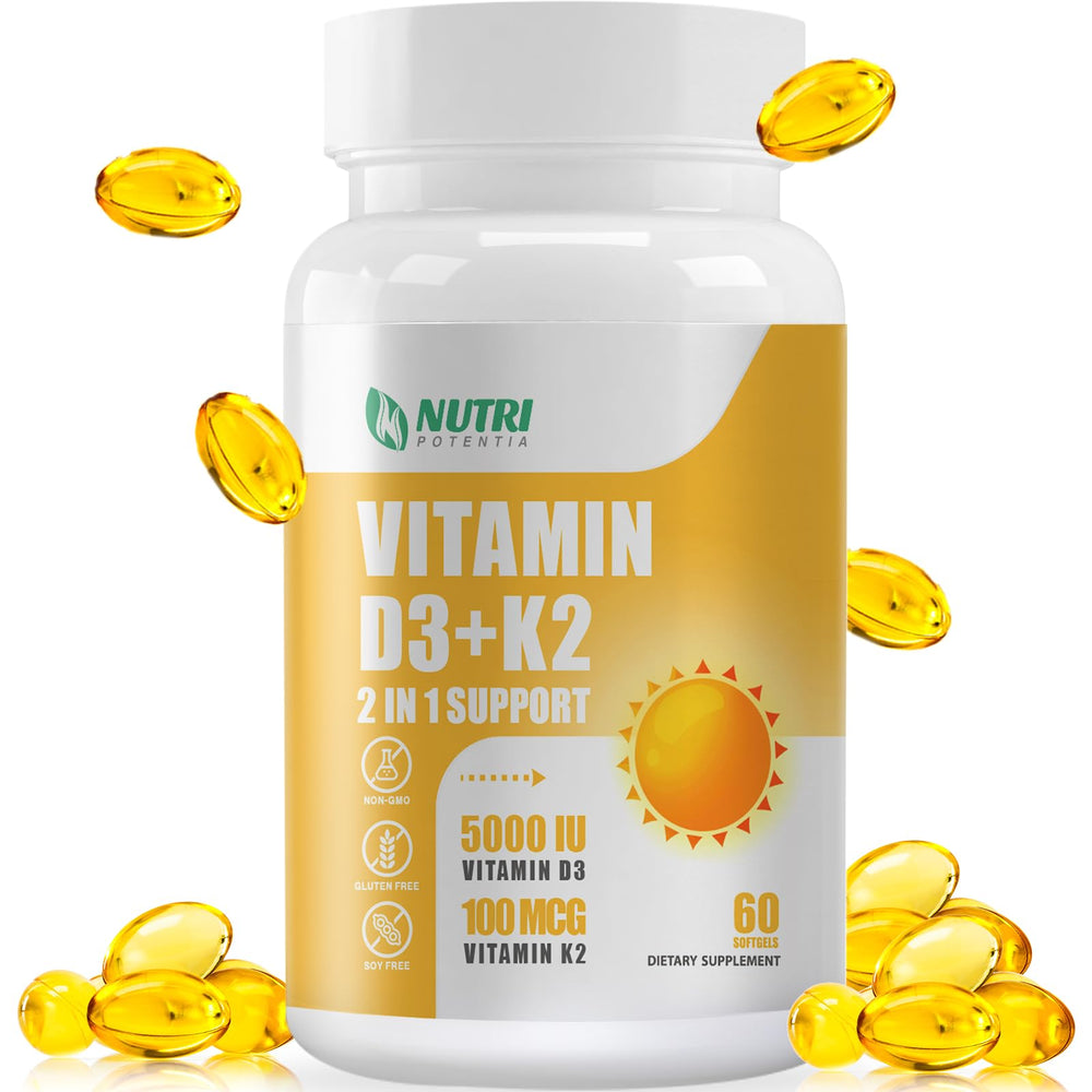 NUTRI POTENTIA D3 K2 bottle with 60 softgels on white background
