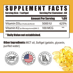 Close-up of label showing Vitamin D3 5000 IU and Vitamin K2 100 mcg MK-7