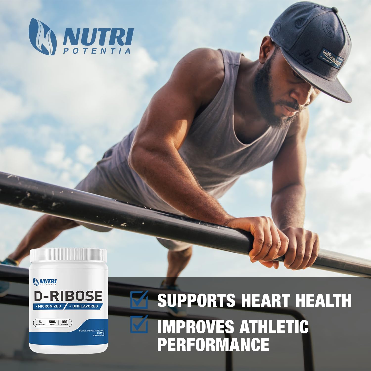 NUTRI POTENTIA Pure D-Ribose powder label detailing quality standards