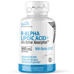 Nutri R Alpha Lipoic Acid 600mg capsules bottle label with Biotin
