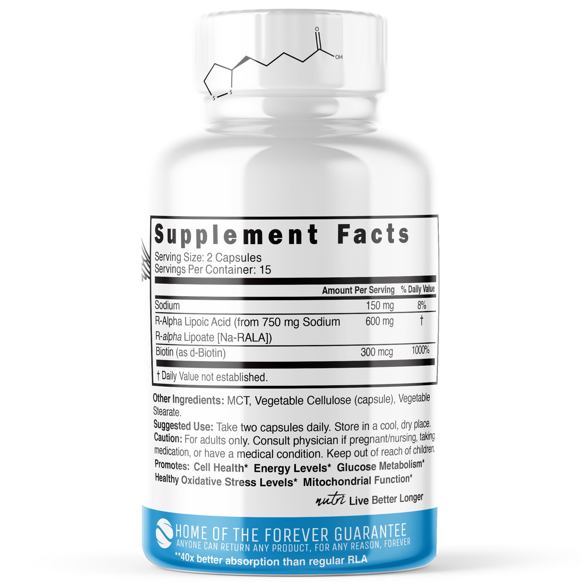 Close-up of R-ALA 600mg capsules showing Biotin content