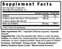 Supplement facts style image of R-ALA 600mg with Biotin