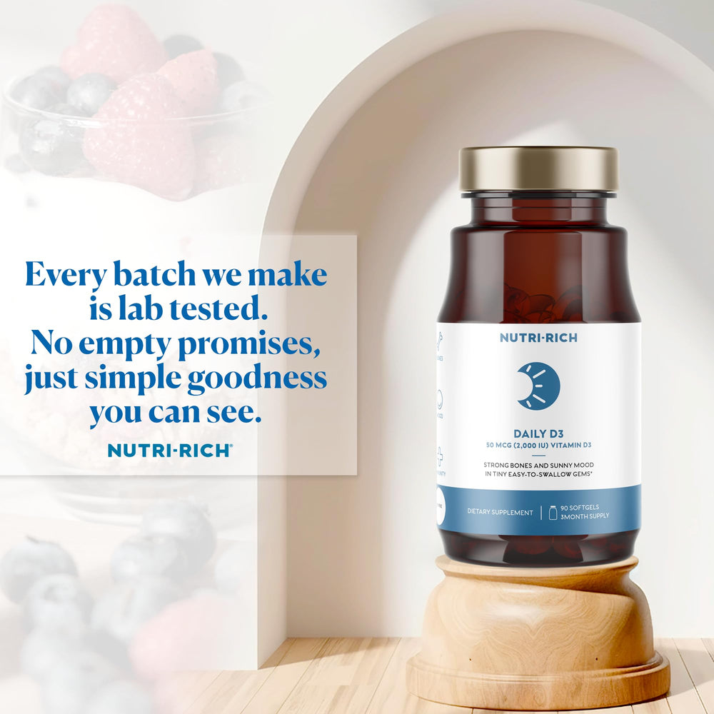 Closeup of Nutri-Rich D3 softgels in bottle