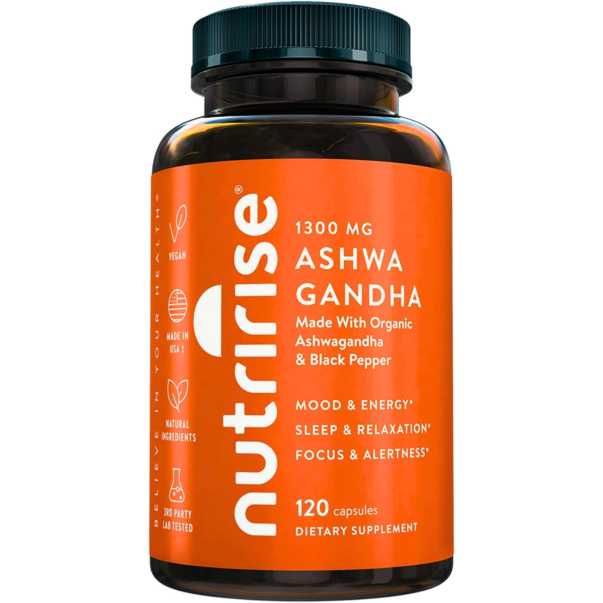 NutriRise Organic Ashwagandha Root Capsules bottle with Black Pepper