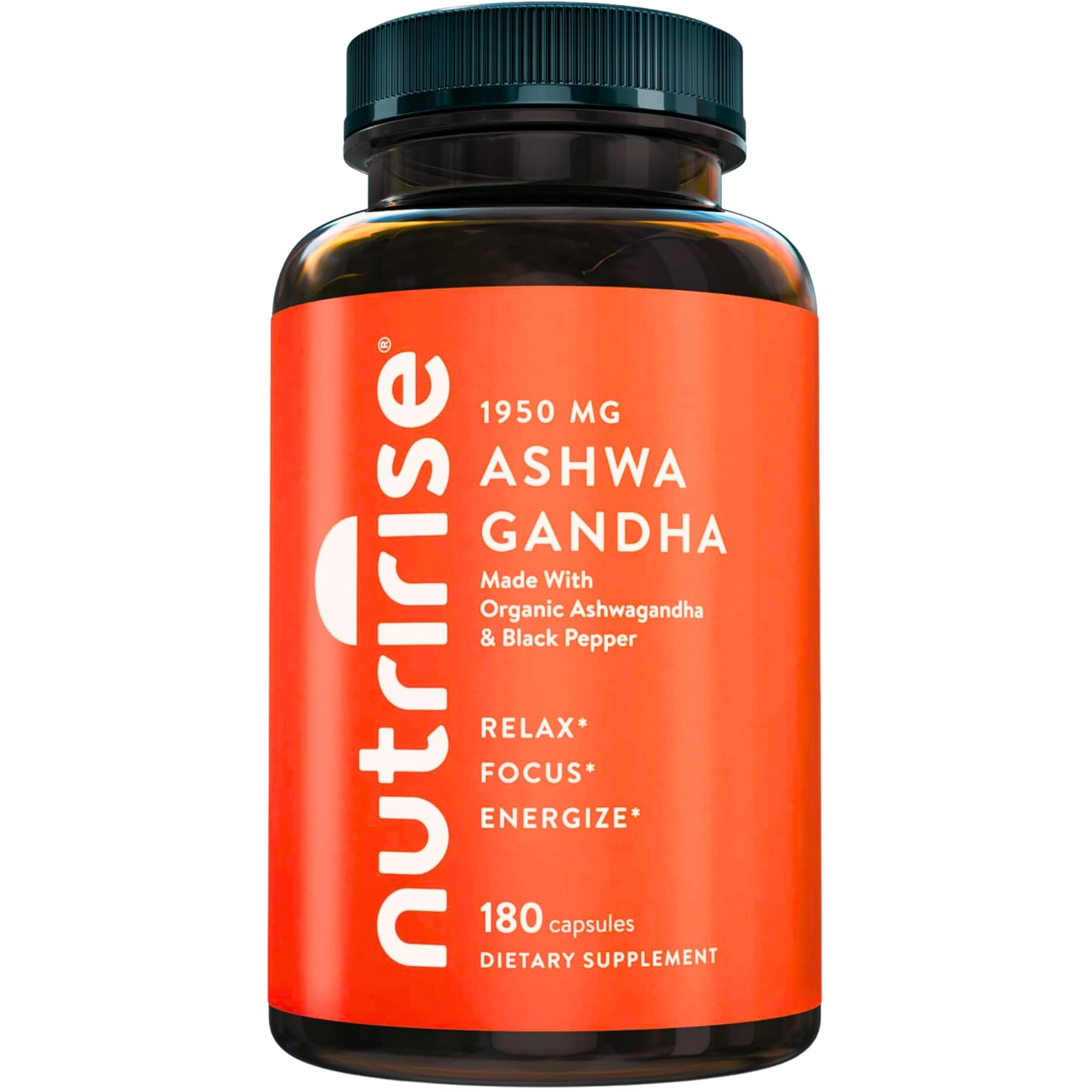 NutriRise Ashwagandha bottle and capsules close-up