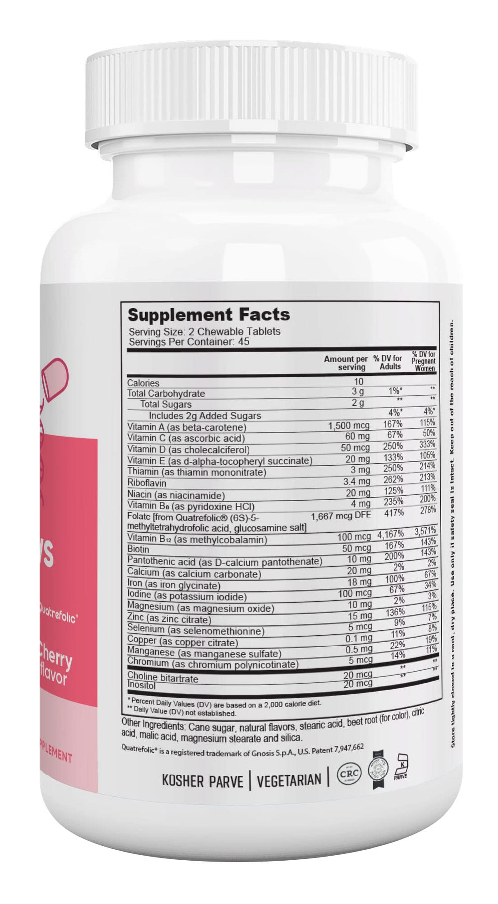 Nutri Supreme Prenatal Vitamin cherry-flavor chewable tablets product side view