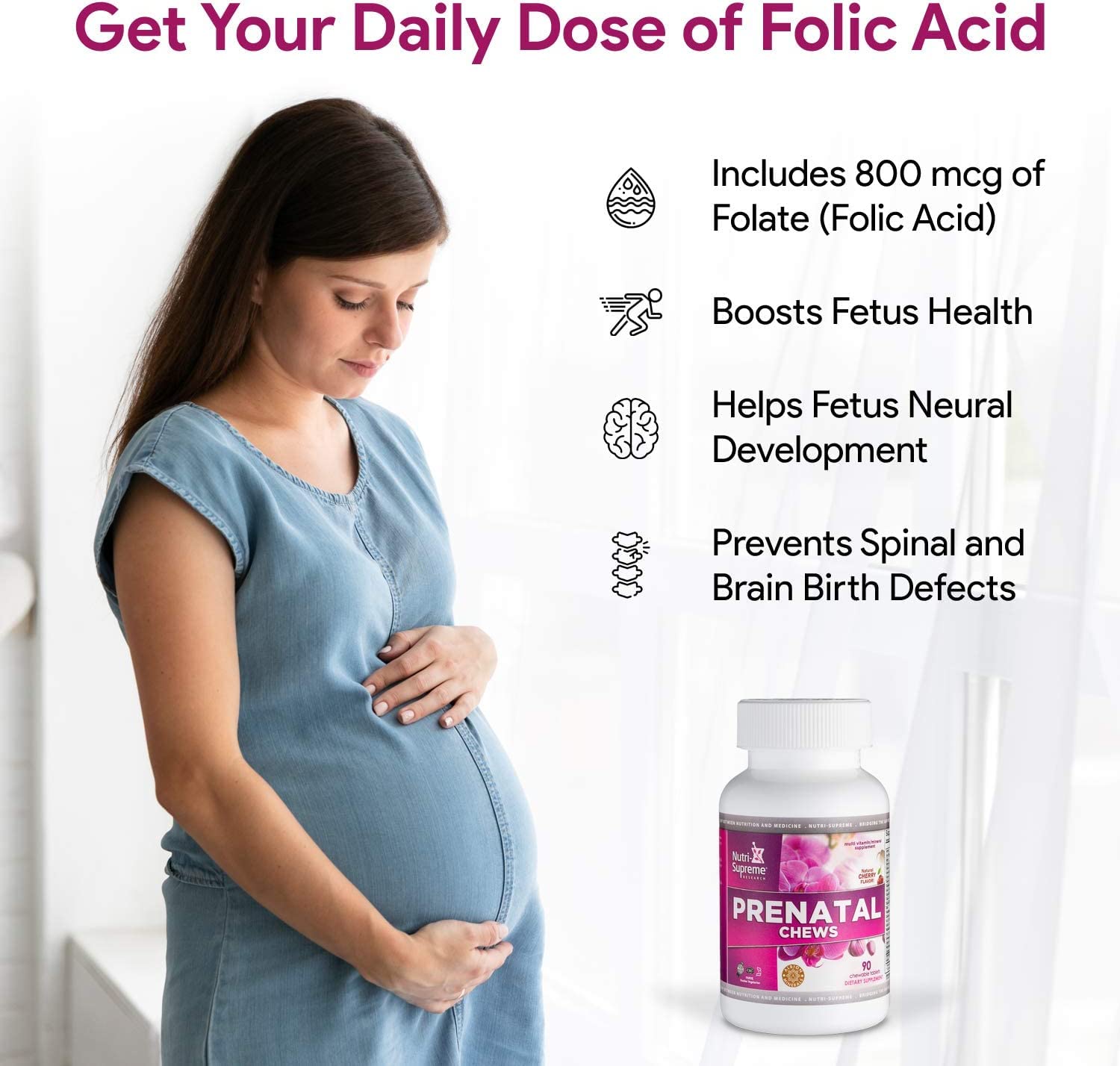 Mother taking a cherry-flavored prenatal chewable