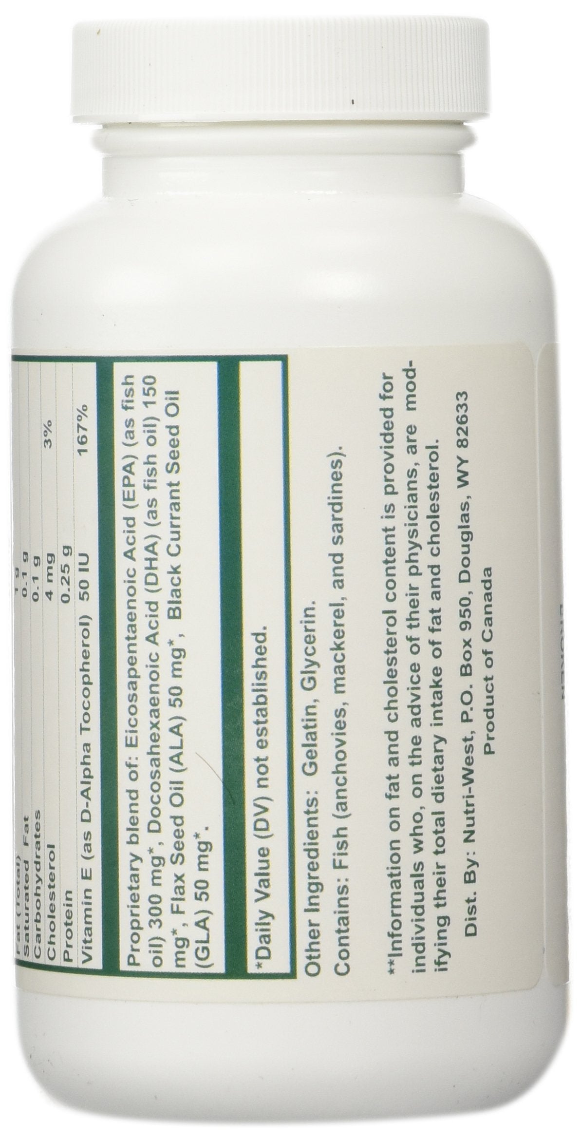 Close-up of Nutri-West Omega-3 Essentials bottle label