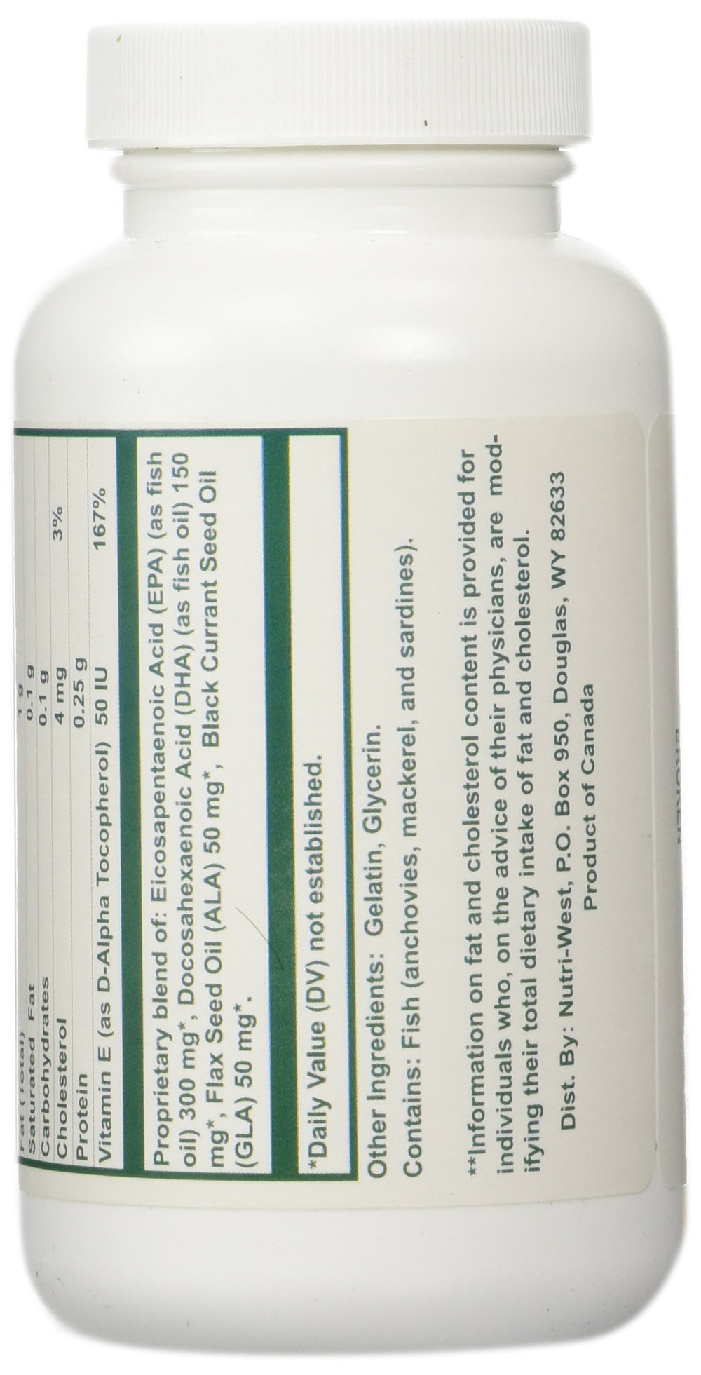 Close-up of Nutri-West Omega-3 Essentials bottle label