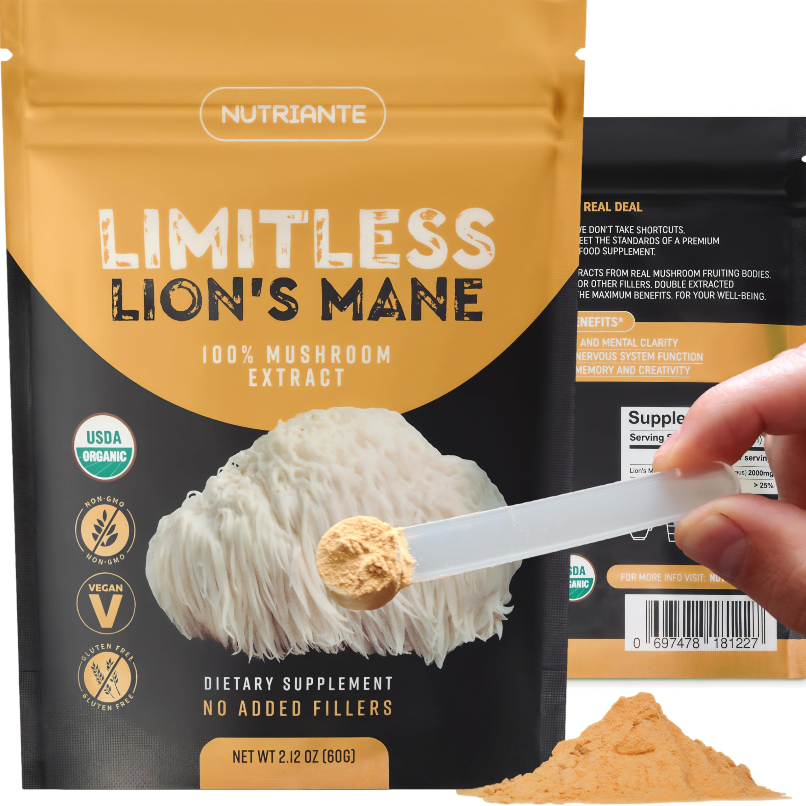 Premium USDA Organic Lions Mane extract powder canister with 15 to 1 dual extract