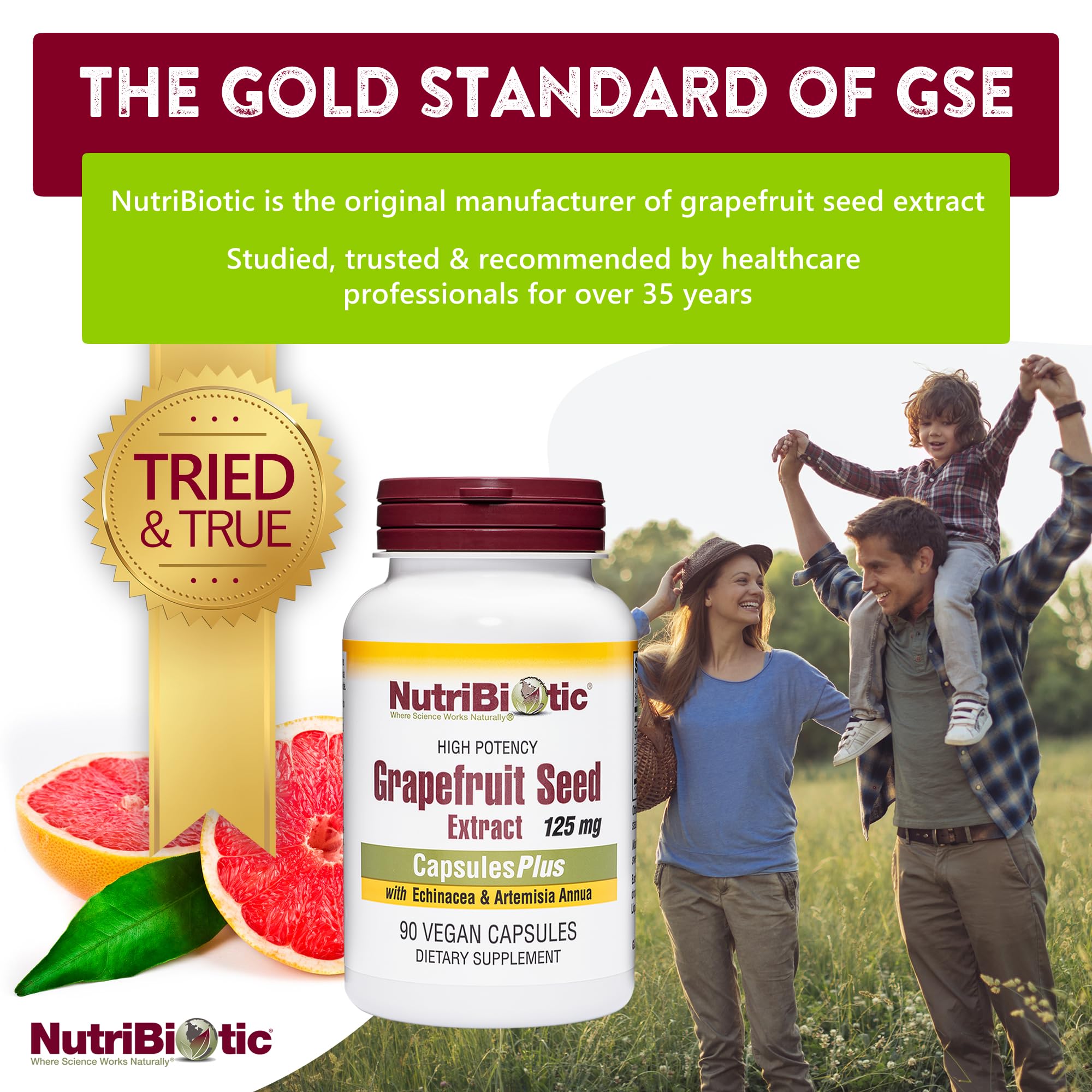 Close-up of NutriBiotic Grapefruit Seed Extract Capsules Plus bottle label