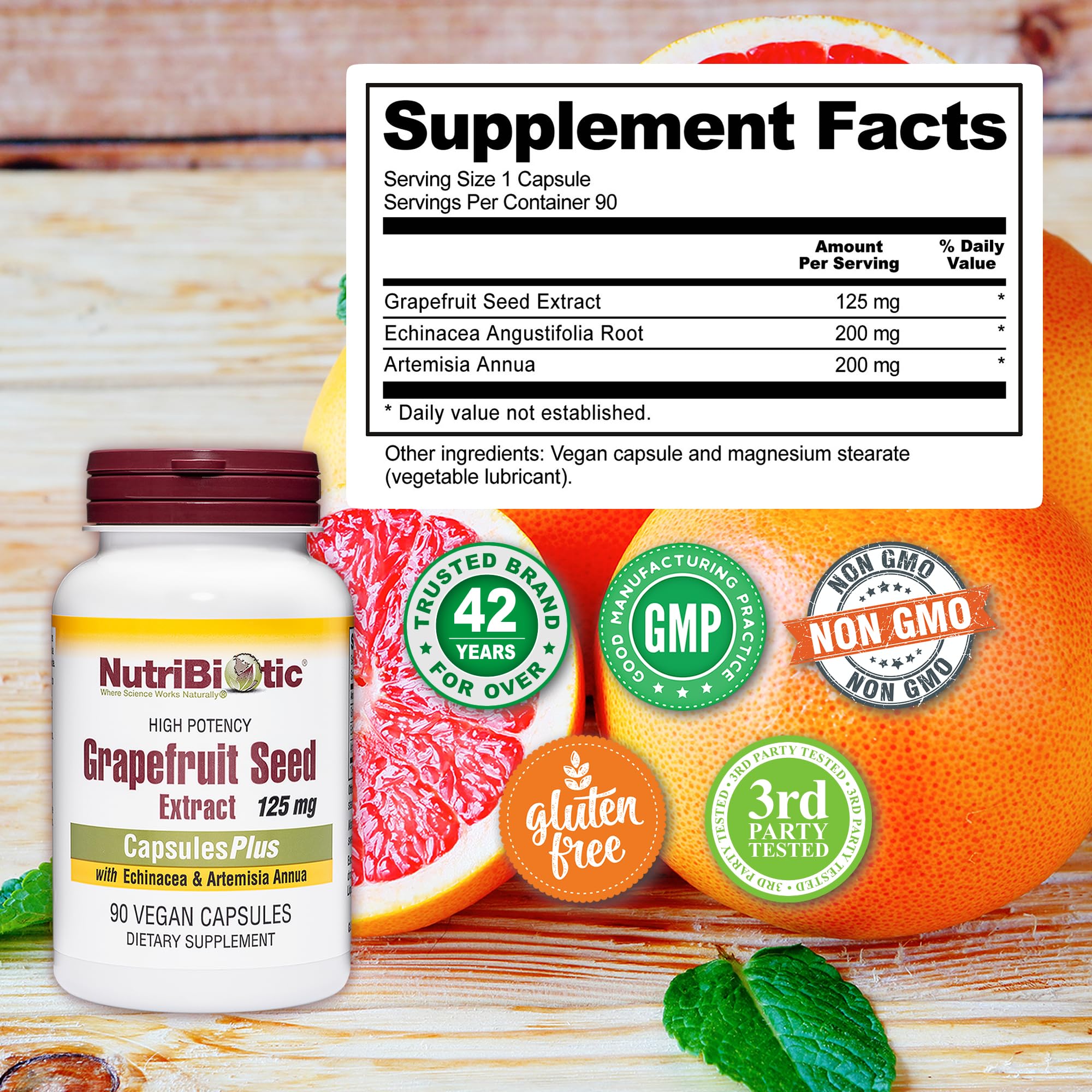 Front view of NutriBiotic Grapefruit Seed Extract Capsules Plus packaging