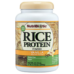 NutriBiotic Vanilla Rice Protein bottle shows vegan, gluten-free nutrition for daily use.