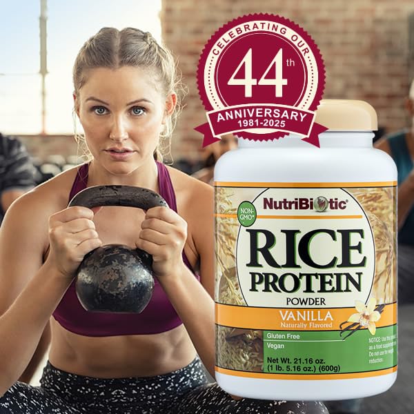 NutriBiotic Vanilla Rice Protein nutrition facts panel emphasizes protein content and certifications.