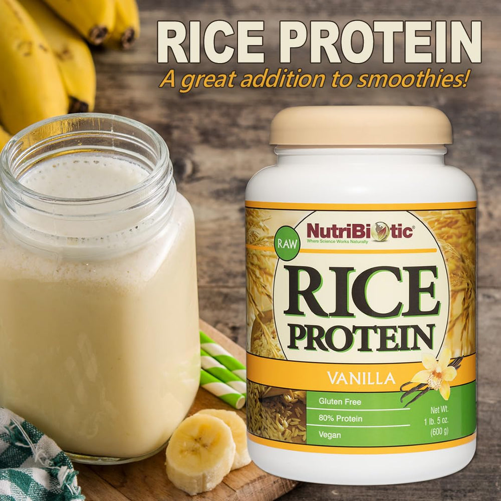 NutriBiotic Vanilla Rice Protein packaging close-up highlights vegan, gluten-free, and GMO-free claims.