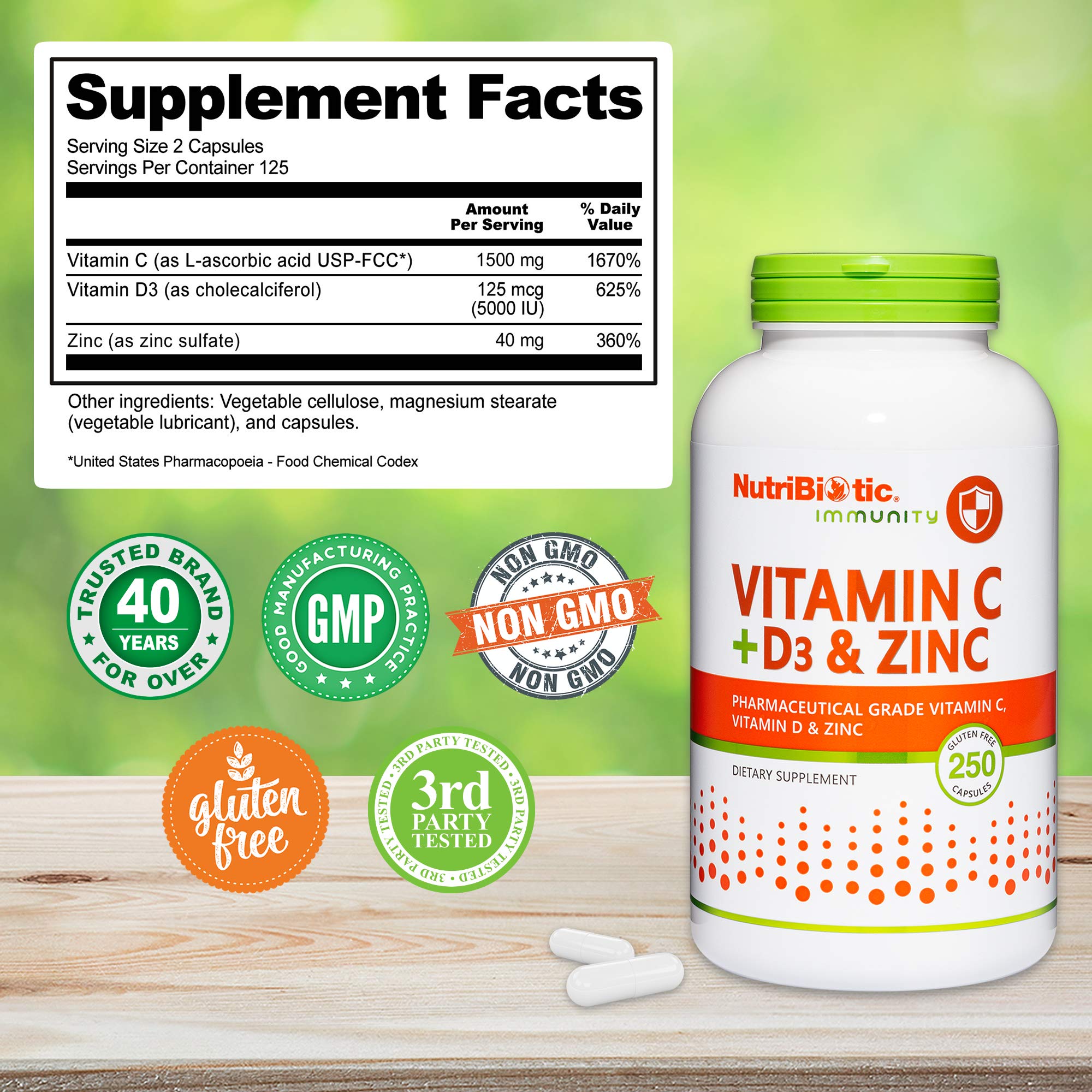 NutriBiotic bottle label highlights Vitamin C, D3, and Zinc
